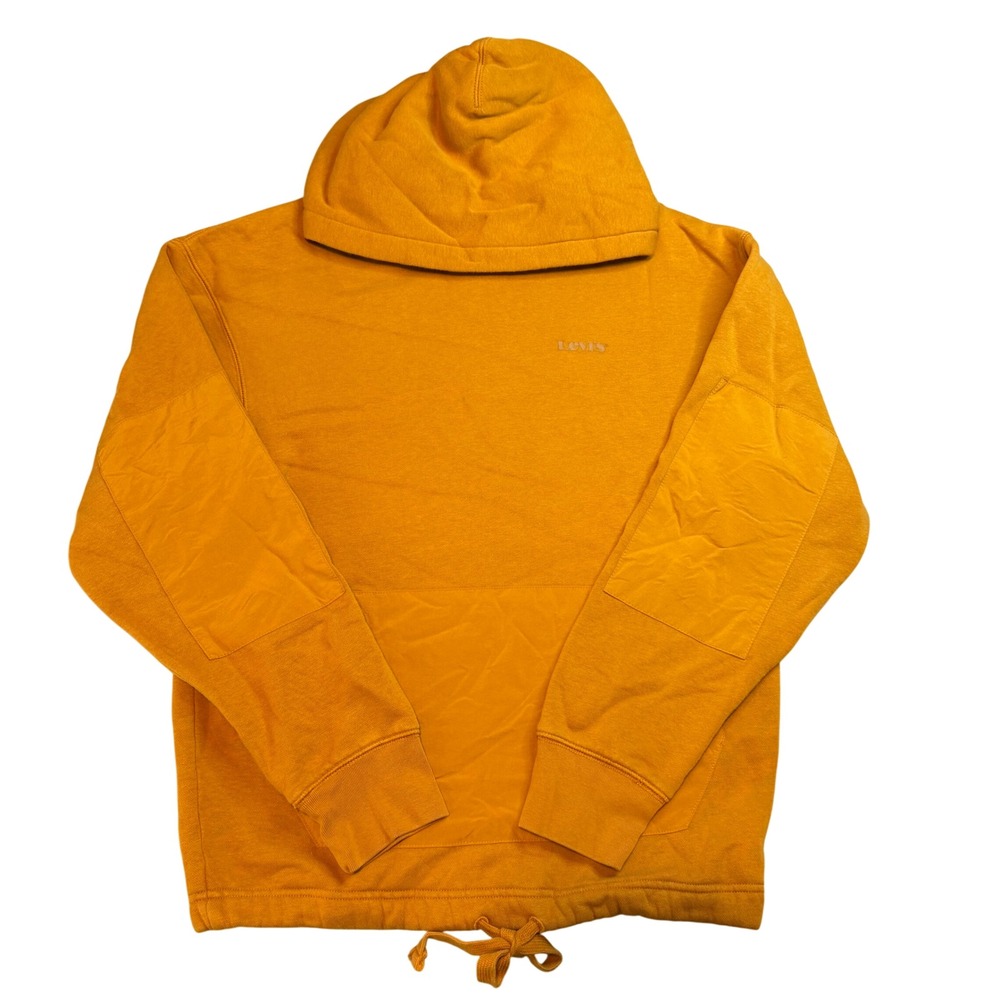 Levis Relaxed Fit Hoodie Mustard Yellow Drawstring Hem Elbow Patches XS Mens